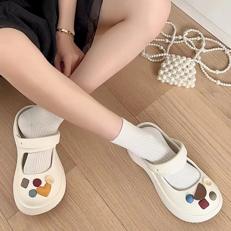 New Mary Jane Hole Shoes Women\'s Cartoon DIY Sandals Summer Anti slip Thick Sole Two Wears Baotou Outer Wear EVA Shoes