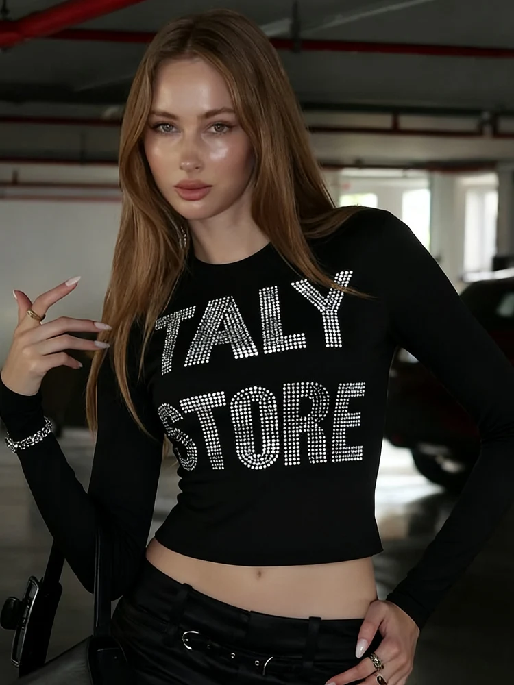 

Weird Puss Rhinestone Letter Print Crop Top Women Classic o-Neck Simple Basic Wild Sexy Street Clubwear Fall Trend Stretch Tees