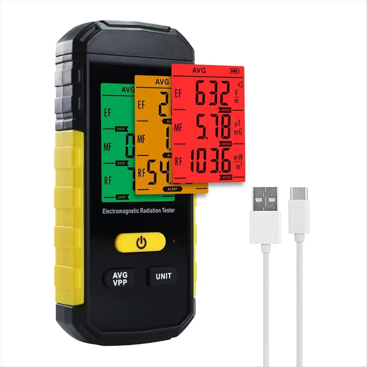HGHO EMF Detector, 3in-1 Radiation Meter for EF, , MF, WiFi Signal with 3-Color Sound Light Alarm,Data Hold,for Home