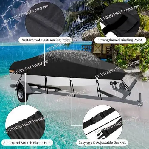600D 10-24FT V-Trailer Boat Cover Outdoor Oxford Cloth Rainproof Anti-UV Dust Cover Marine Trailerable Canvas Boat Accessories