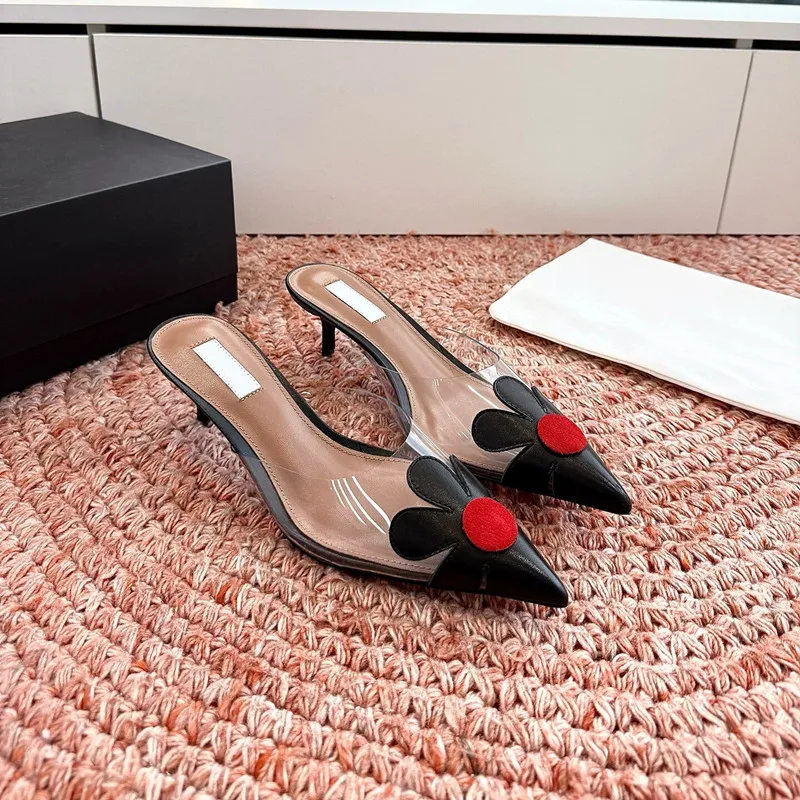 Genuine Leather French Heart-Shaped Transparent Slippers Women's Fine Heel Pointed Toe High Heels Casual Sandals view 4