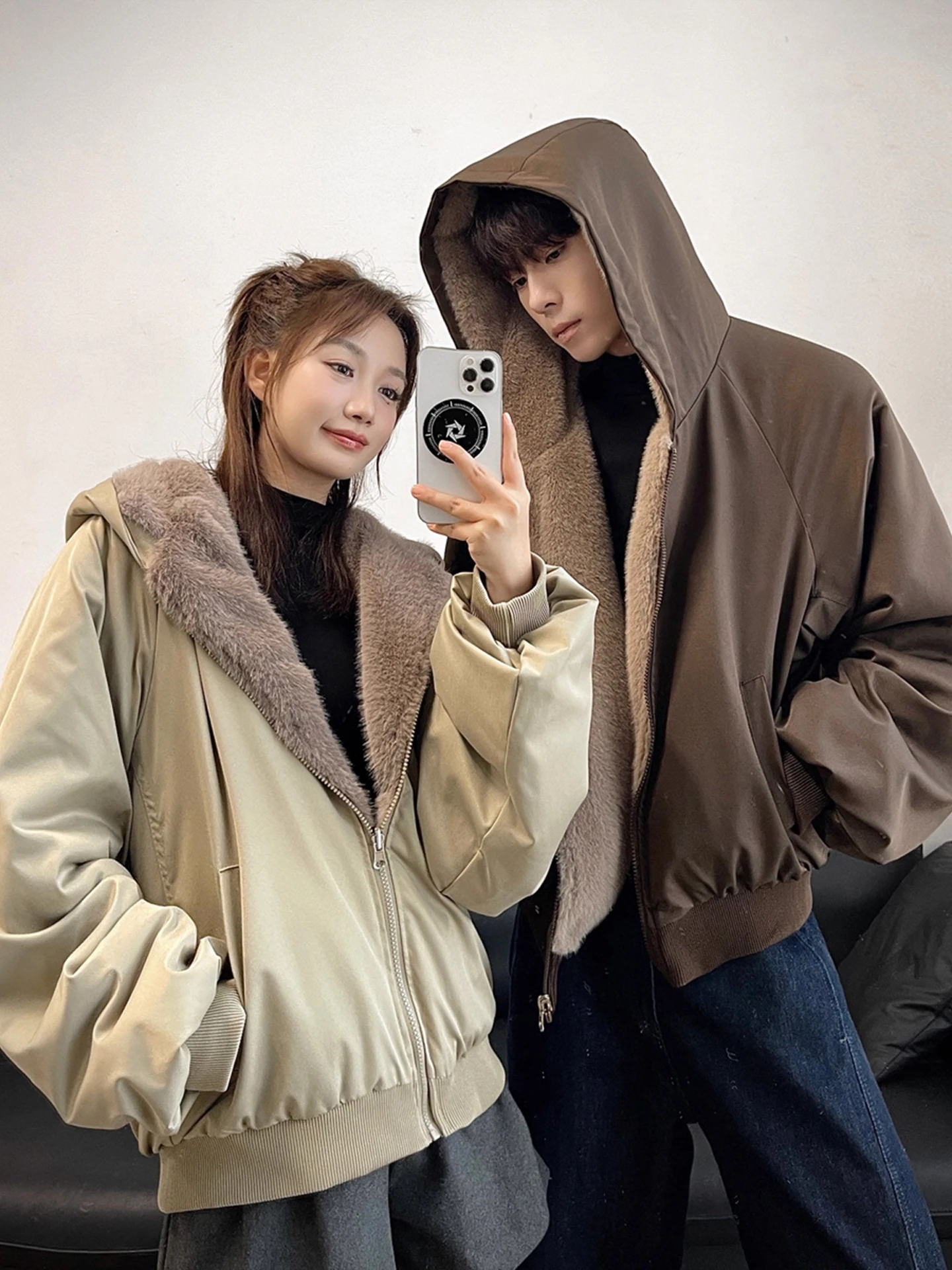 Unisex Brown Double-Sided Wear Faux Rabbit Fur Cotton Jacket Hooded Warmth Couple Coat Youth Trendy Thickened Winter Coat