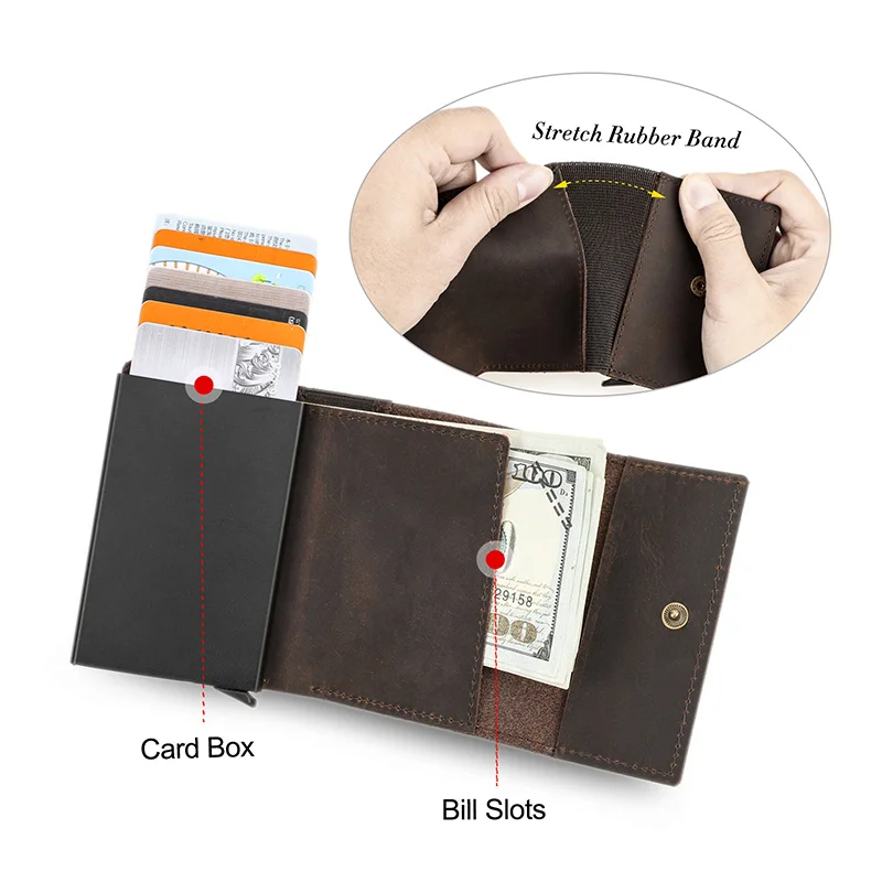 Crazy Horse Leather Card Holder Wallet Men Automatic Pop Up ID Case Small Coin Purse RFID Blocking Male Wallets