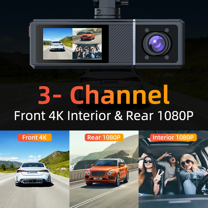 4K Ultra HD 3-Channel Dash Cam WiFi APP Control, Voice Control, ADAS Function, IR Night Vision, G-Sensor, TYPE-C, Free 64GB Card
