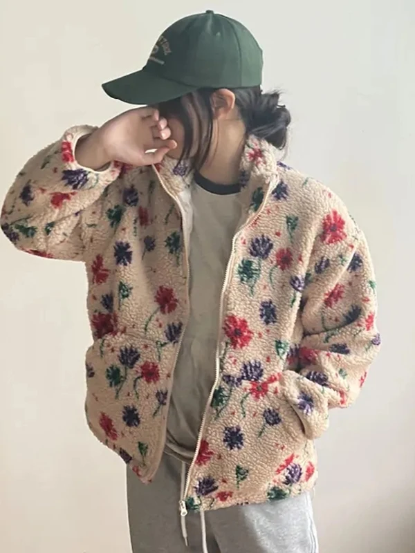 冬のティエンエド羊の毛皮の襟の女性の綿ジャエット甘い花柄暖かいトレンディなアウターウェアコート中国のブランドの新しいデザイン