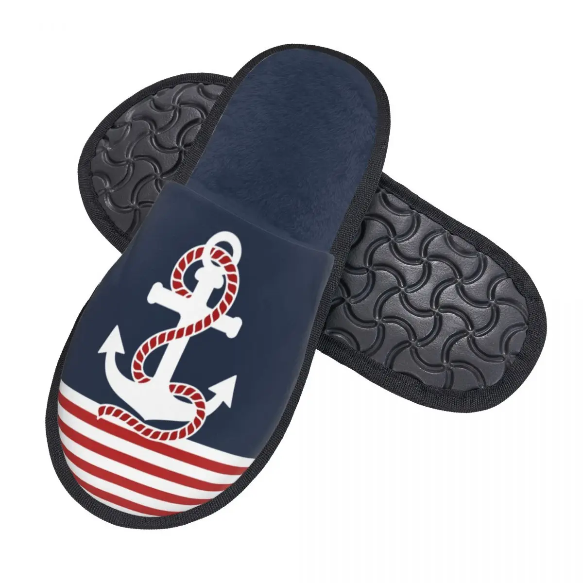 Custom Print Women Nautical Stripes And Red Anchor House Slippers Cozy Warm Memory Foam Fluffy Slipper Indoor Outdoor Shoes