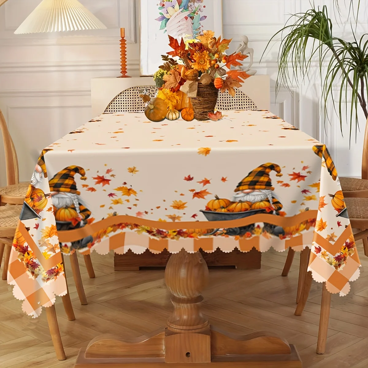 1 piece of Thanksgiving harvest tablecloth, with little dwarfs pushing a cart full of pumpkins and scattered itemsxzj