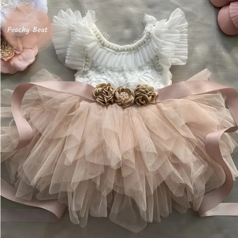 

Elegant Baby Girl Princess Lace Beading Tutu Dress Infant Toddler Child Fly Sleeve Tulle Vestido Birthday Baby Clothes 1-10Y