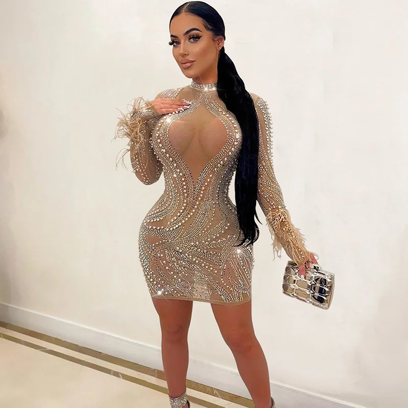 Sexy Rhinestone Diamond Night Party Bodycon Dress Women Evening Sheer Mesh Patchwork Birthday Outfits Sparkly Feather Mini Dress