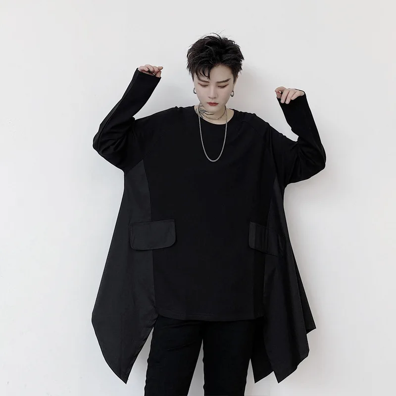 

Spring New Men's Hip Hop T-shirt Personality Long Sleeve Oversize Splice Shirt Hair Stylist Lapel Male Clothes Hombre Coats