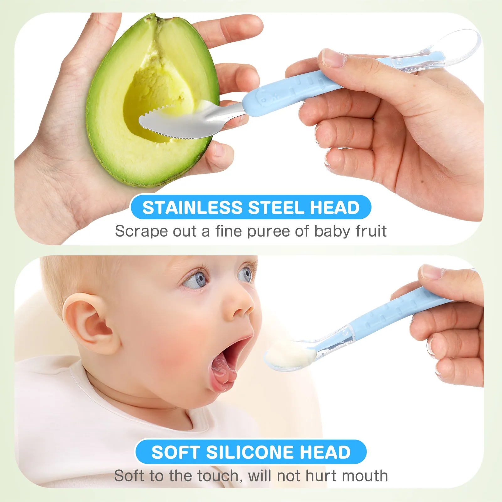 

Набор из 2 двухсторонних ложек для фруктового пюре с силиконовой ручкой, нескользящие, для кормления детей, детская посуда, ложка для измельчения фруктов для малышей