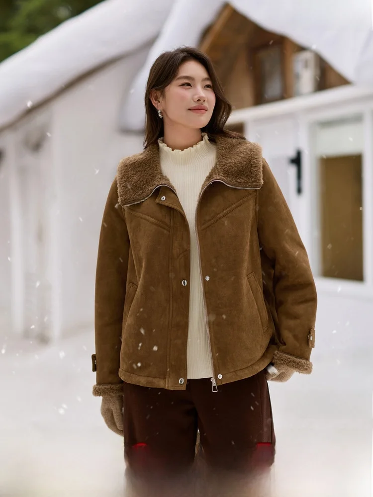 

Ретро-пальто из замши с меховой подкладкой, больших размеров, женское зимнее пальто в корейском стиле, на молнии, с длинными рукавами, приталенное