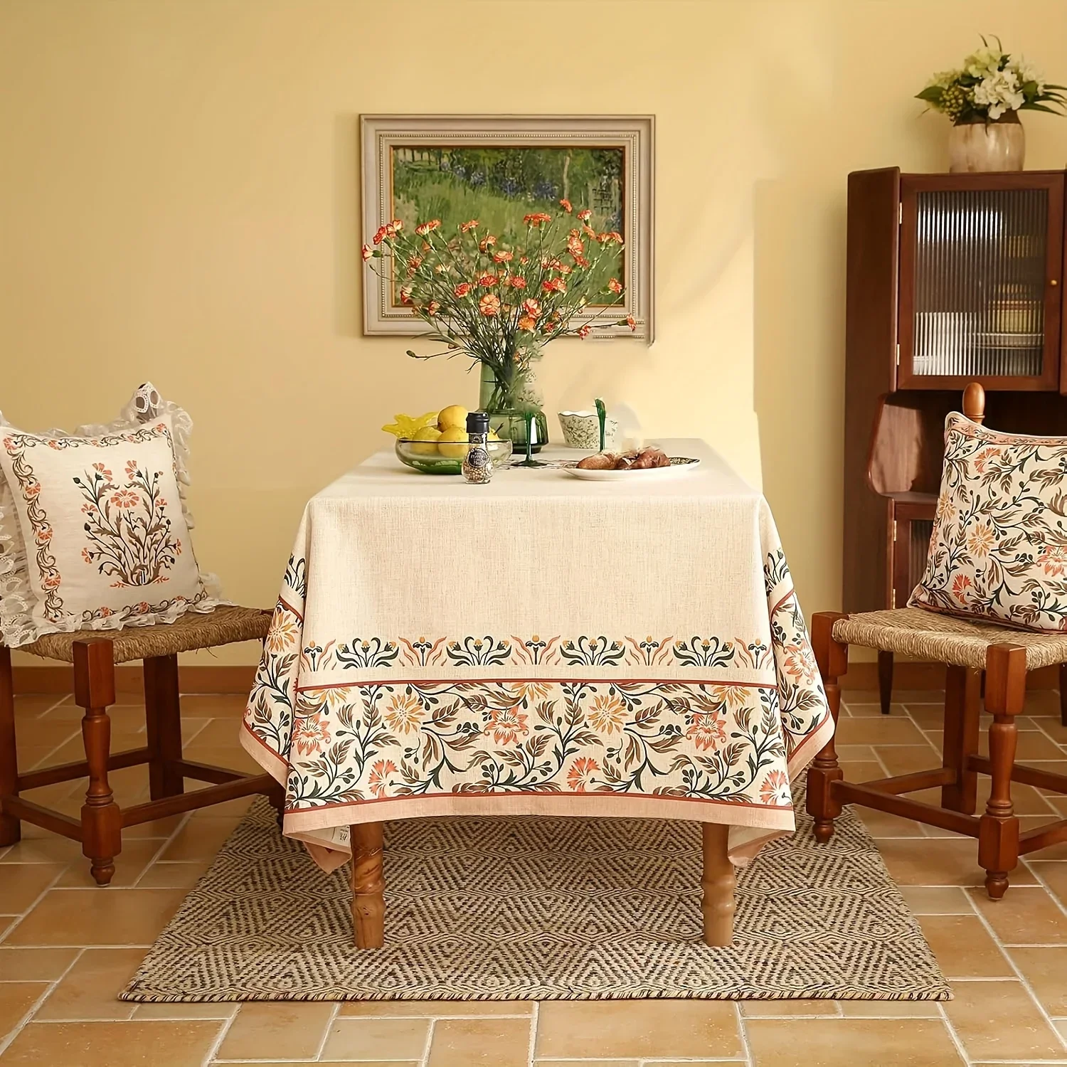 One piece of linen tablecloth with double flower pattern - suitable for Thanksgiving, Christmas, banquets and partiesxzj