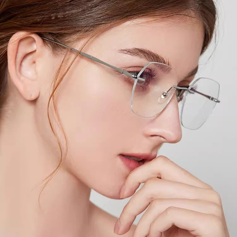 52mm Women Titanium Glasses Sequin Design Polygon Eyeglasses Frame Prescription Myopia Rimless Glasses 6g