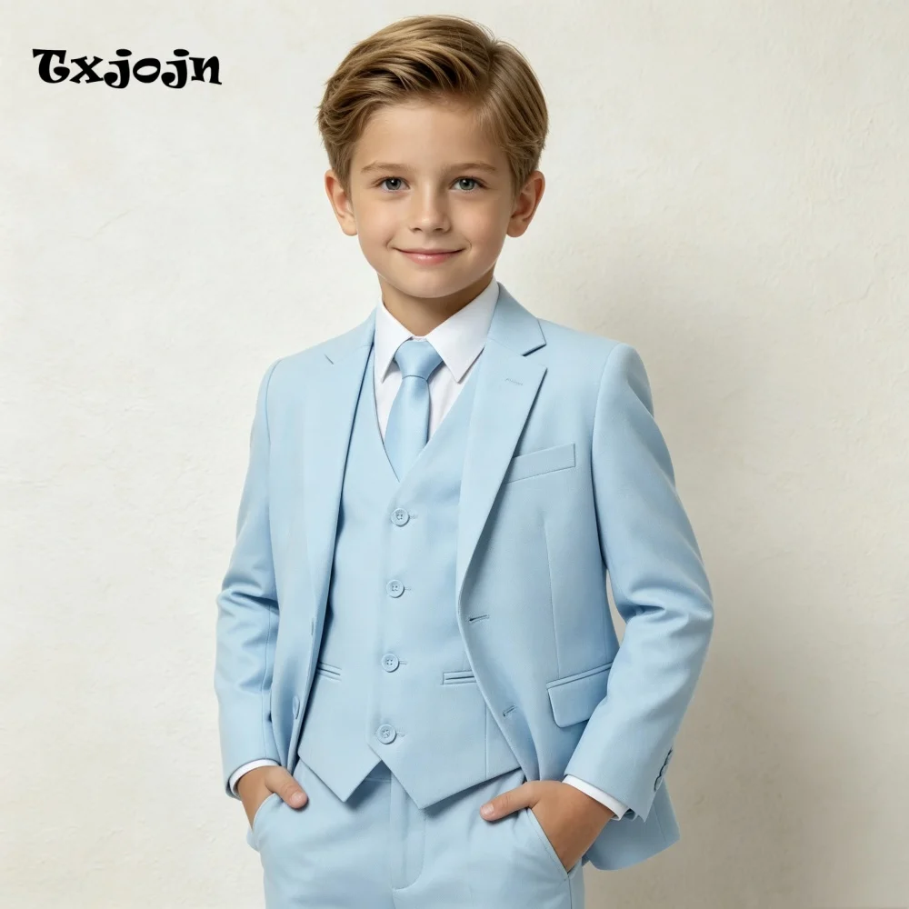 Casual Baby Blue Boys Suit Jacket Pants Vest 3 Piece Set Formal Blazer for Kids Wedding Tuxedo Suits 2-16 Years Custom Clothes