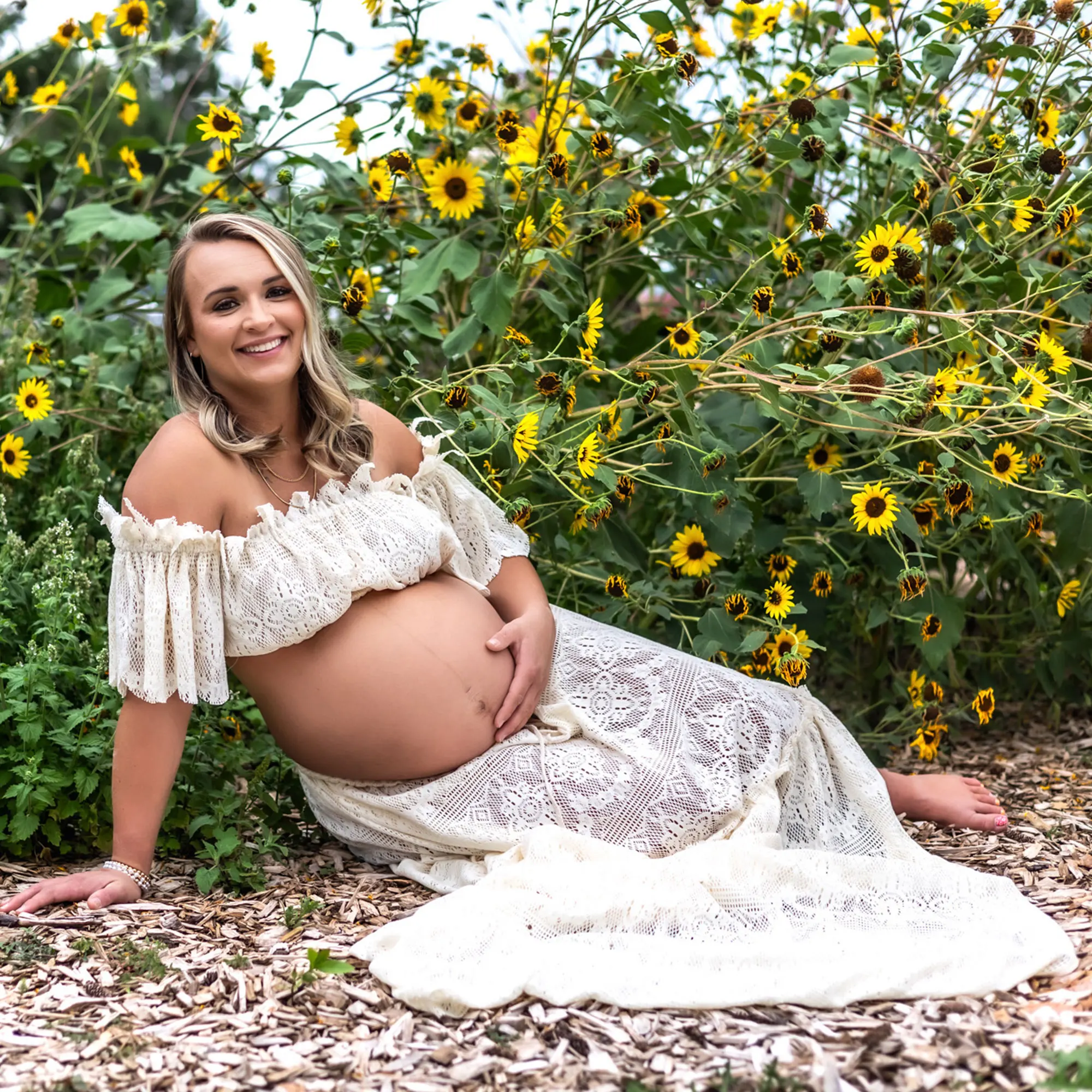 Don&Judy Boho Lace Two Piece Set Maternity Photoshoot Dress Off-shoulder Side Split Pregnant Women Party Gown Photography Outfit