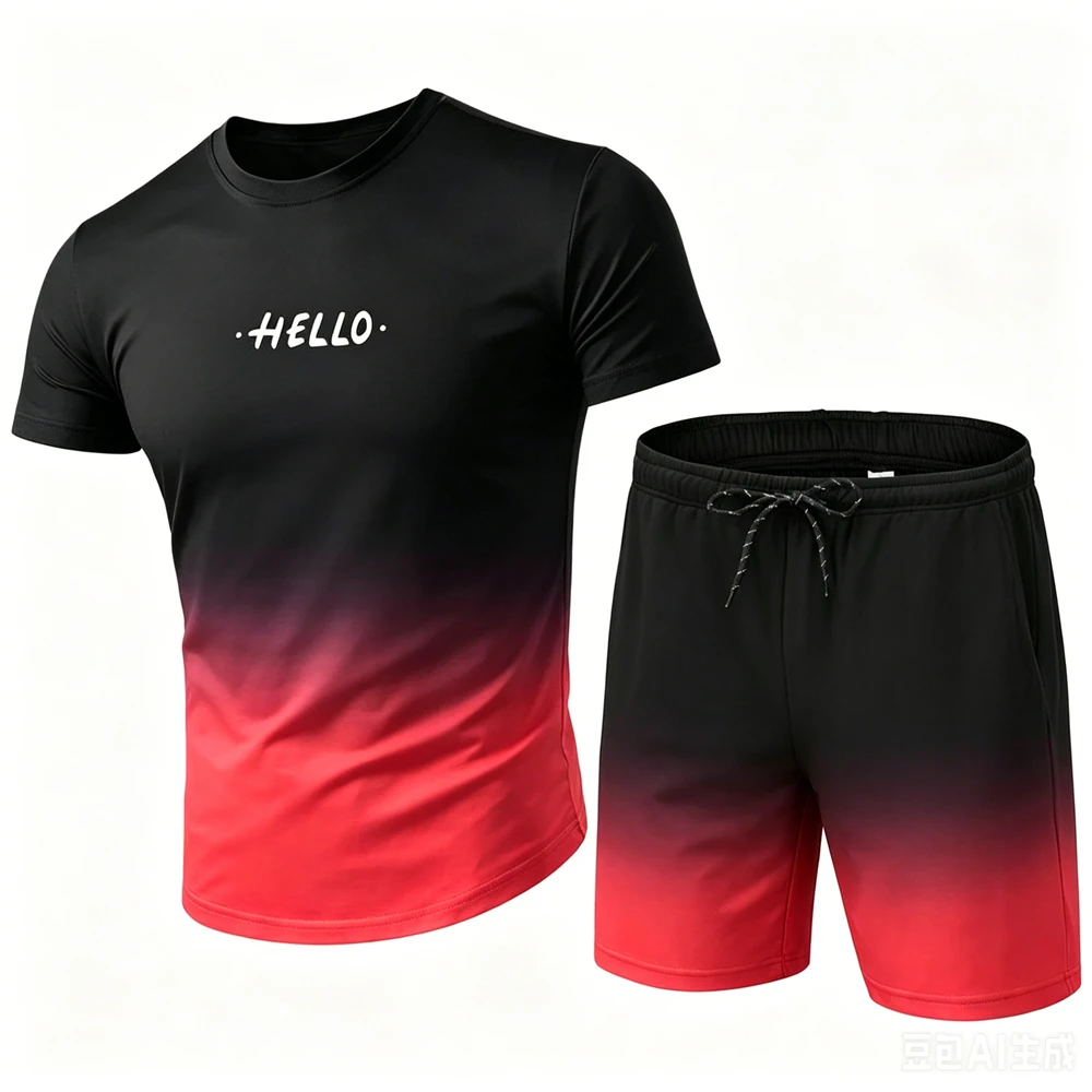 Summer Men's Sweatshirt Set Funny Letter Gradient Print Short Sleeve Tees and Shorts 2 Piece Fashion Outdoor Running Sports Suit