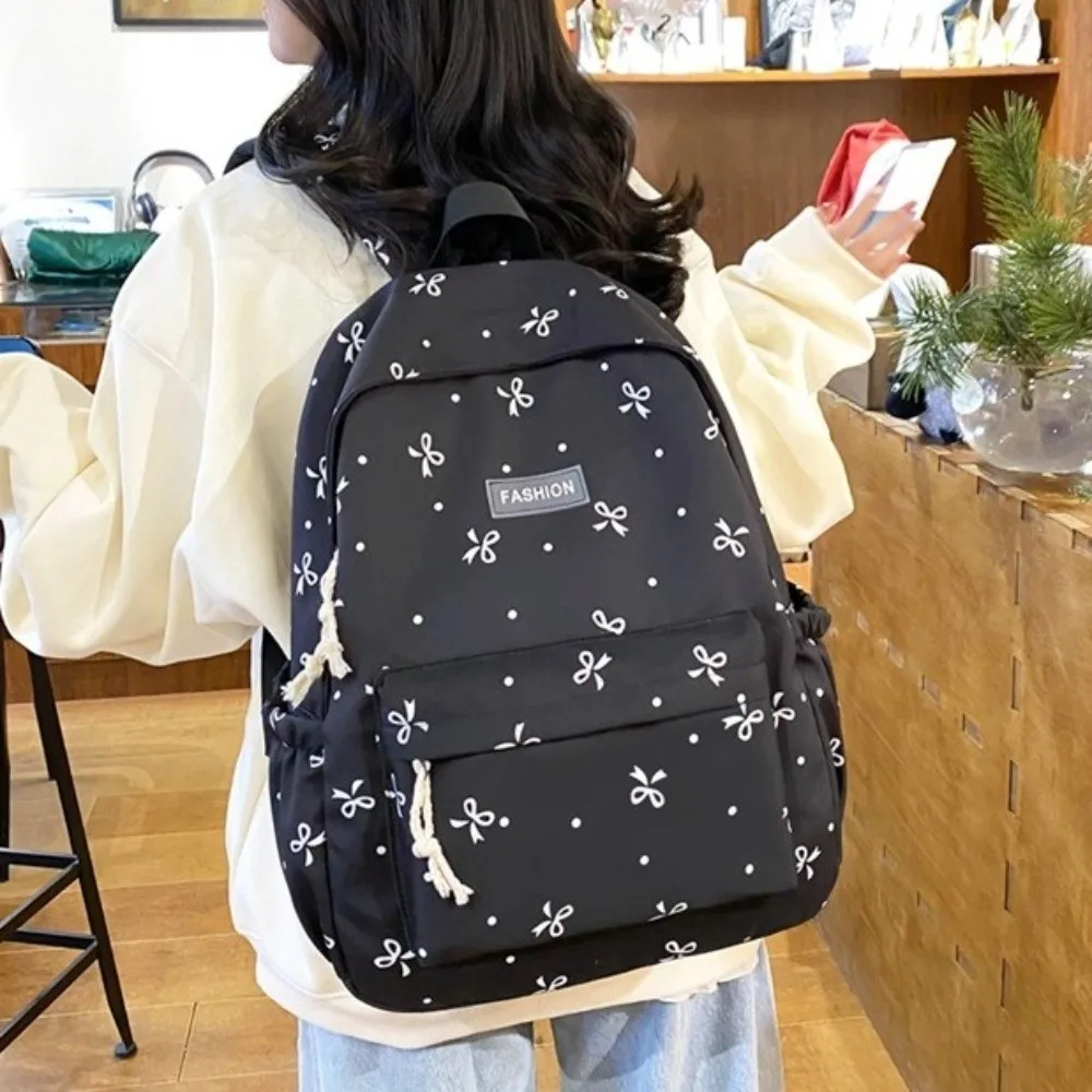 Nylon Material Bow Print Backpack Quilted Design Adjustable Straps Large Capacity School Bag Harajuku Multi-Pocket