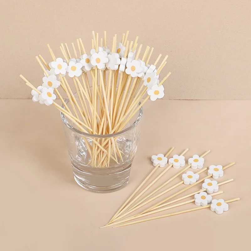 100 Uds. De selecciones desechables de comida de bambú con margaritas y flores, tenedores de fruta para postre, suministros para fiesta de cumpleaños y boda, decoración para Baby Shower