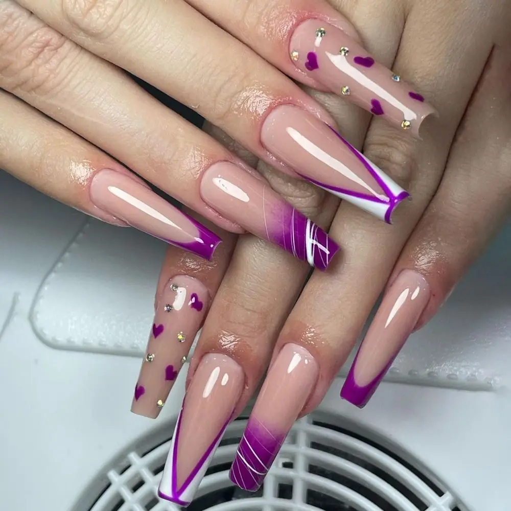 Mode longue ballerine faux ongles français paillettes rose ongles conseils couverture complète étoile violet cristal presse sur les ongles bricolage