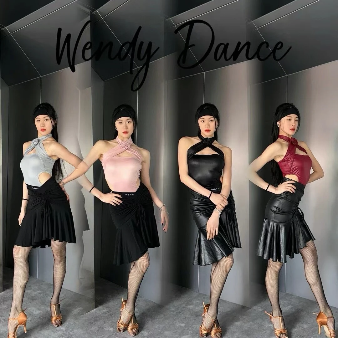 

Новая танцевальная одежда Lain Dance: женские топы с воротником-халтером, кожаная черная юбка, костюмы для румбы и танго, одежда для выступлений, платья для латиноамериканских танцев для взрослых.