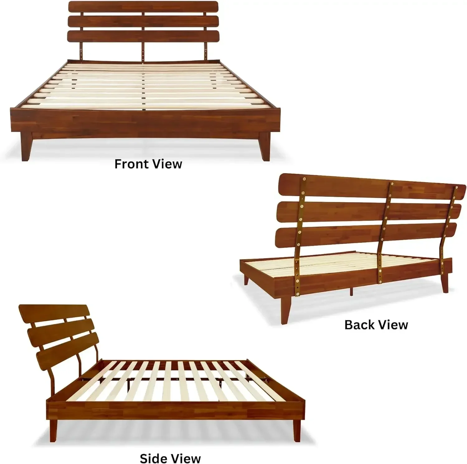 Postmodern 15 Inch Deluxe Bed Frame With Adjustable Headboard - Mid Century, Retro Style With Acacia Wood - No Box Spring Needed