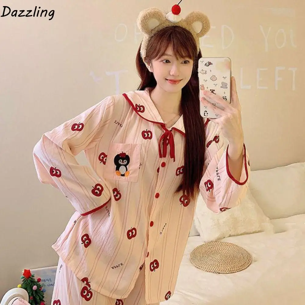 

Fashion Flip Collar Stripe Pajamas Set Penguin Casual Sweet Pajamas Suit Loose Home Wear Long Sleeves Pajamas Home