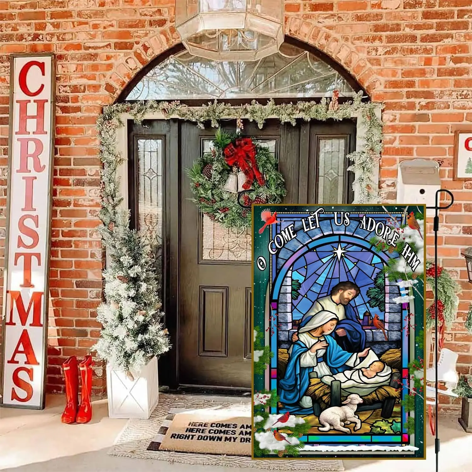 Holy Family O Come Let Us Adore Him Winter Flag, Nativity Religious Christmas Banners For Outside, Merry Flags Outdoors Gard GGO