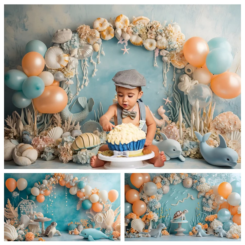 Underwater Ocean Photo Backdrops Baby Shower Seashell Arch Balloons Dolphin Seahorse Coral Birthday Backgrounds For Photographs