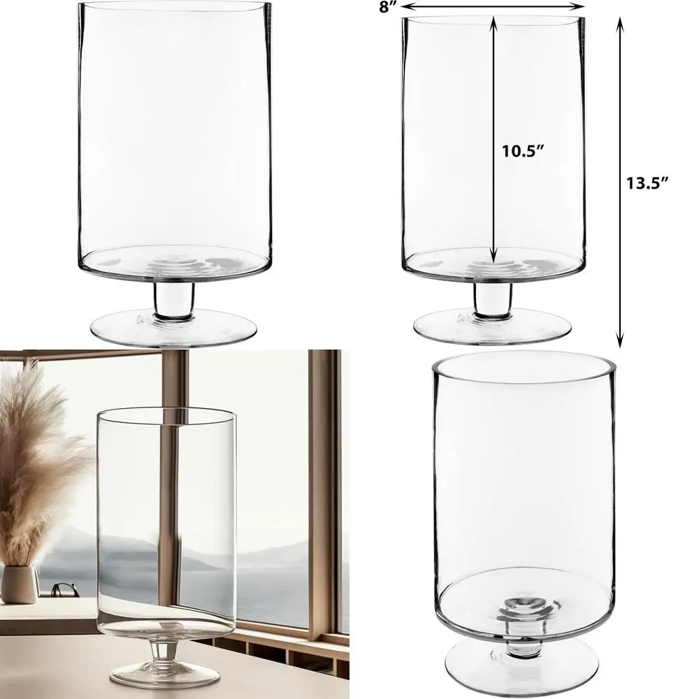 

13.5 Tall Stemmed Glass Candle Holder, 8 Wide Cylinder Vase for Centerpieces