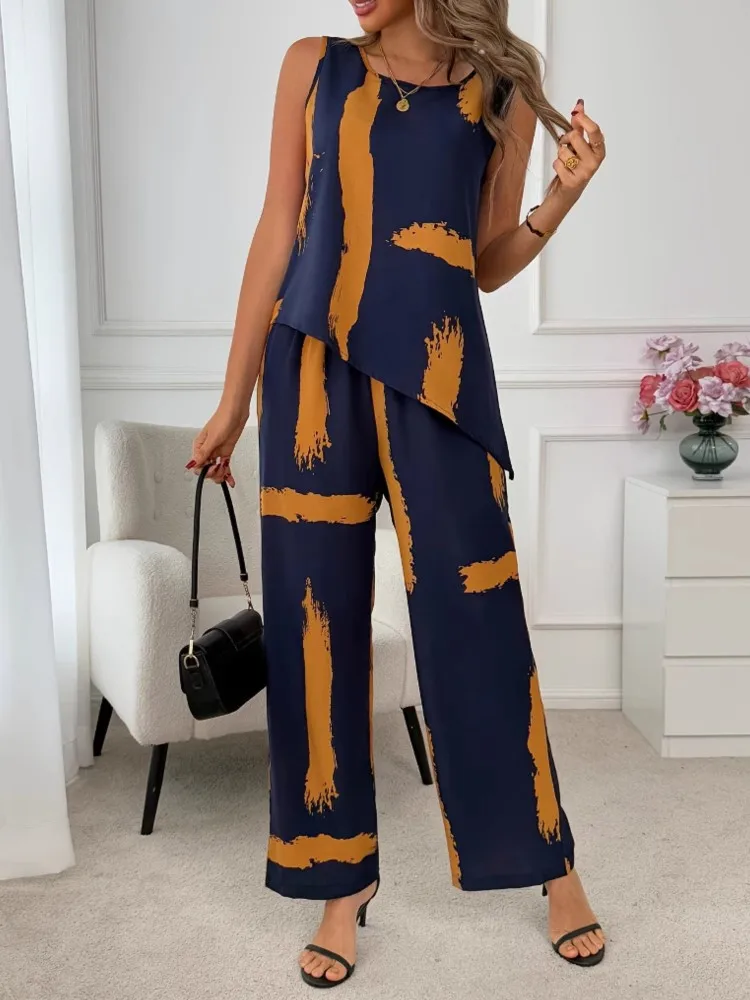 

Casual Printed Two Piece Set Women Fashion Comfort Commuting O Neck Sleeveless Vest And High Waist Wide Leg Pants 2 Piece Sets