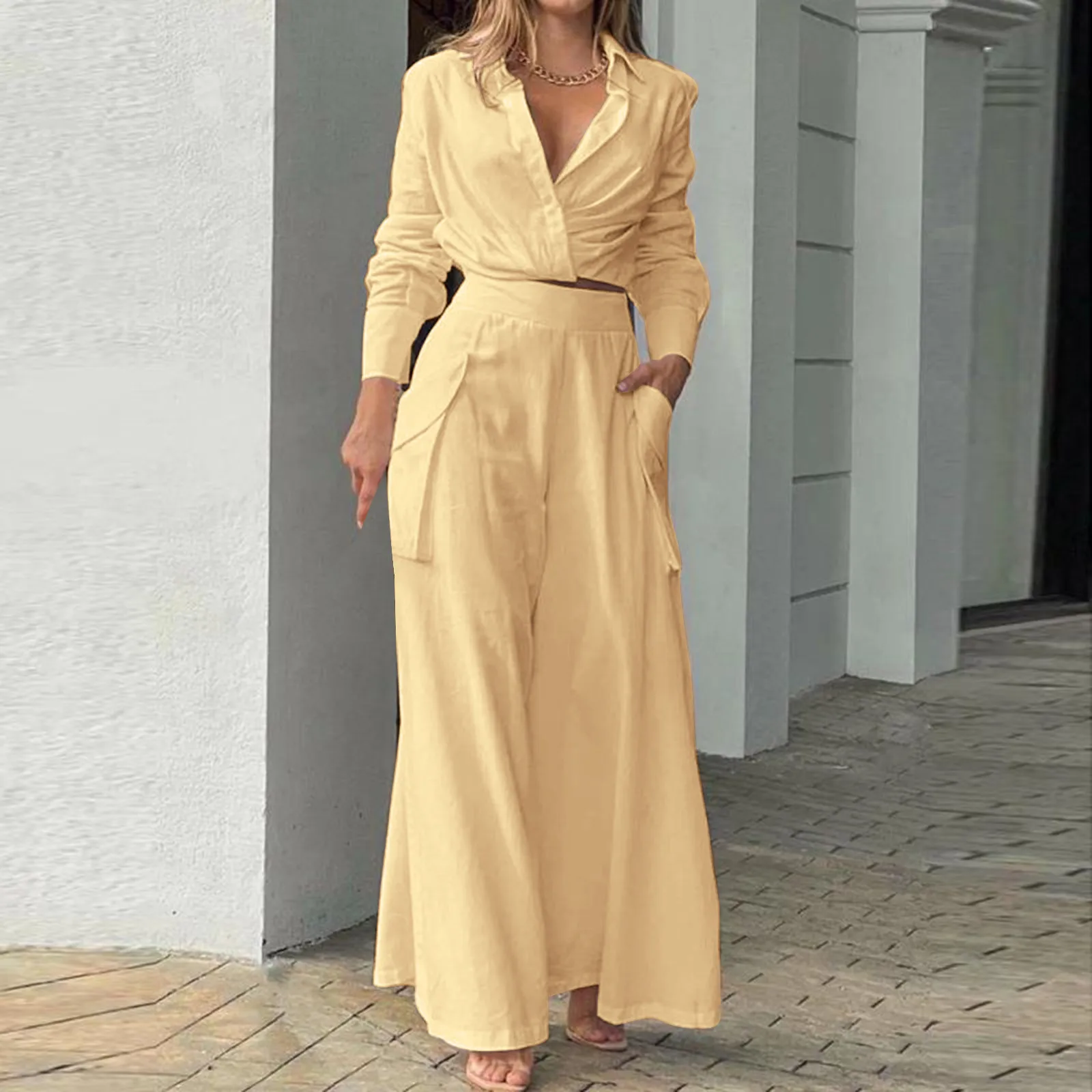 

Two Piece Sets Elegant Women Outifits Long Sleeve Lapel Crop Top Office Shirt Loose Causal Trousers Wide Leg Pants Streetwear