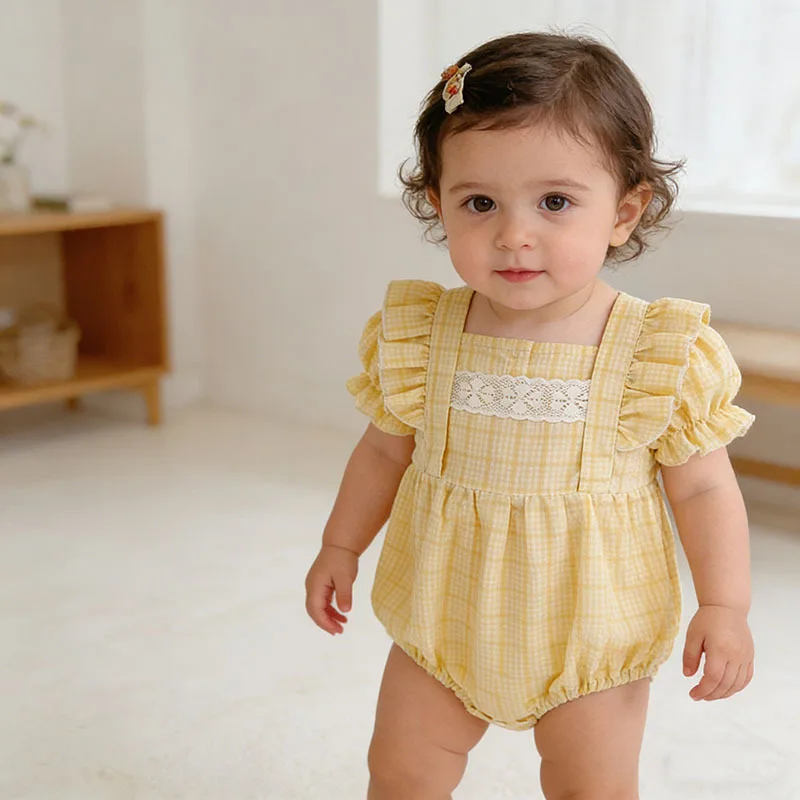 

Baby Girl Summer Korean Plaid Short Sleeve Romper Bodysuit Cute Soft Cotton Newborn Infant Casual Outdoor Outfit 0-24M