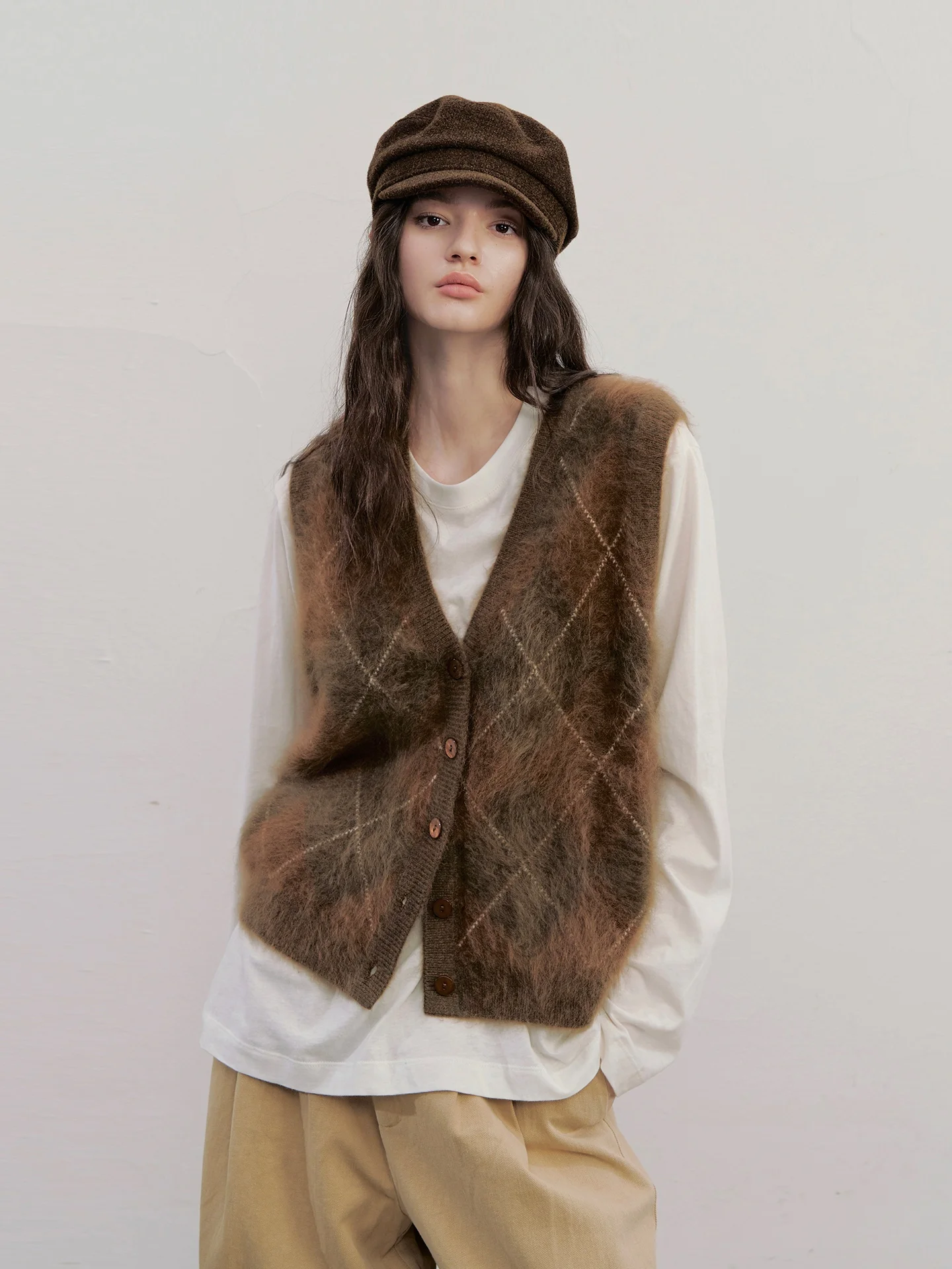 

Женский вязаный жилет CECI Brued Camere Diamond с V-образным вырезом, ретро-кардиган, осенняя верхняя одежда H-образного силуэта