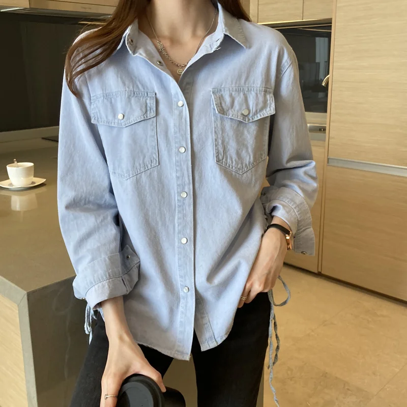 #3122 Light Blue Asymmetrical Denim Shirt Women Long Sleeve Vintage Office Jeans Shirts Side Bandage Womens Tops And Blouses