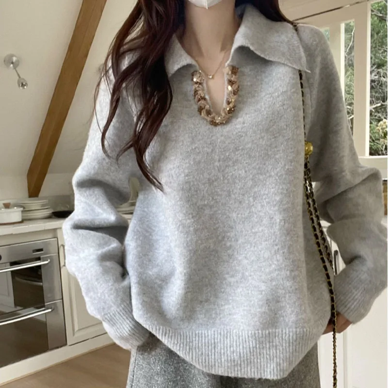 Autumn Winter Temperament Elegant Solid Sweaters Women's Chic V-neck Warm Knitted Pullovers Vintage Loose Commute Tops