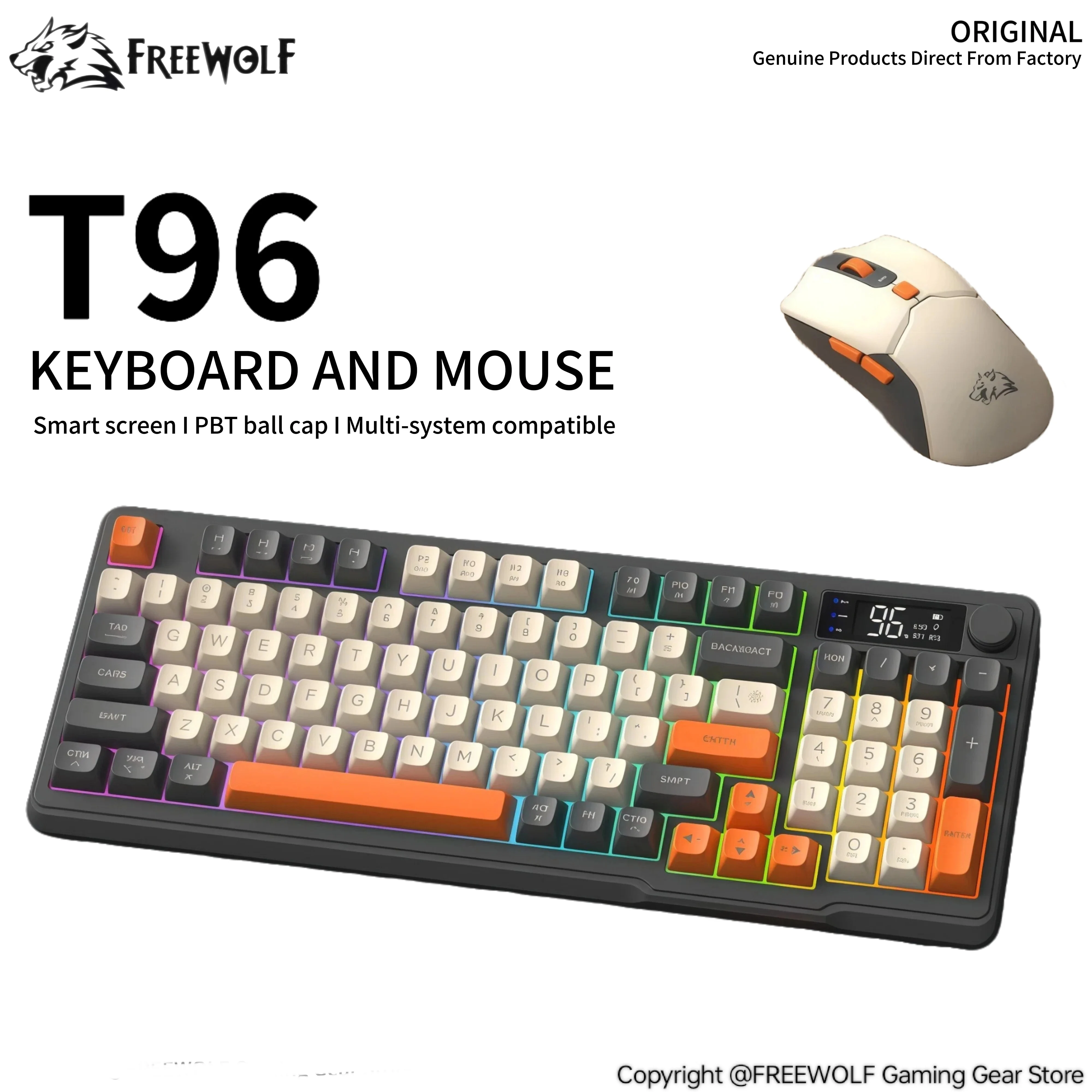 

FREEWOLF T96 Gaming Keyboard and Wireless Mouse Kit,Fashionable Three-color Keyboard,Intelligent Screen,Multi-Functional Knob