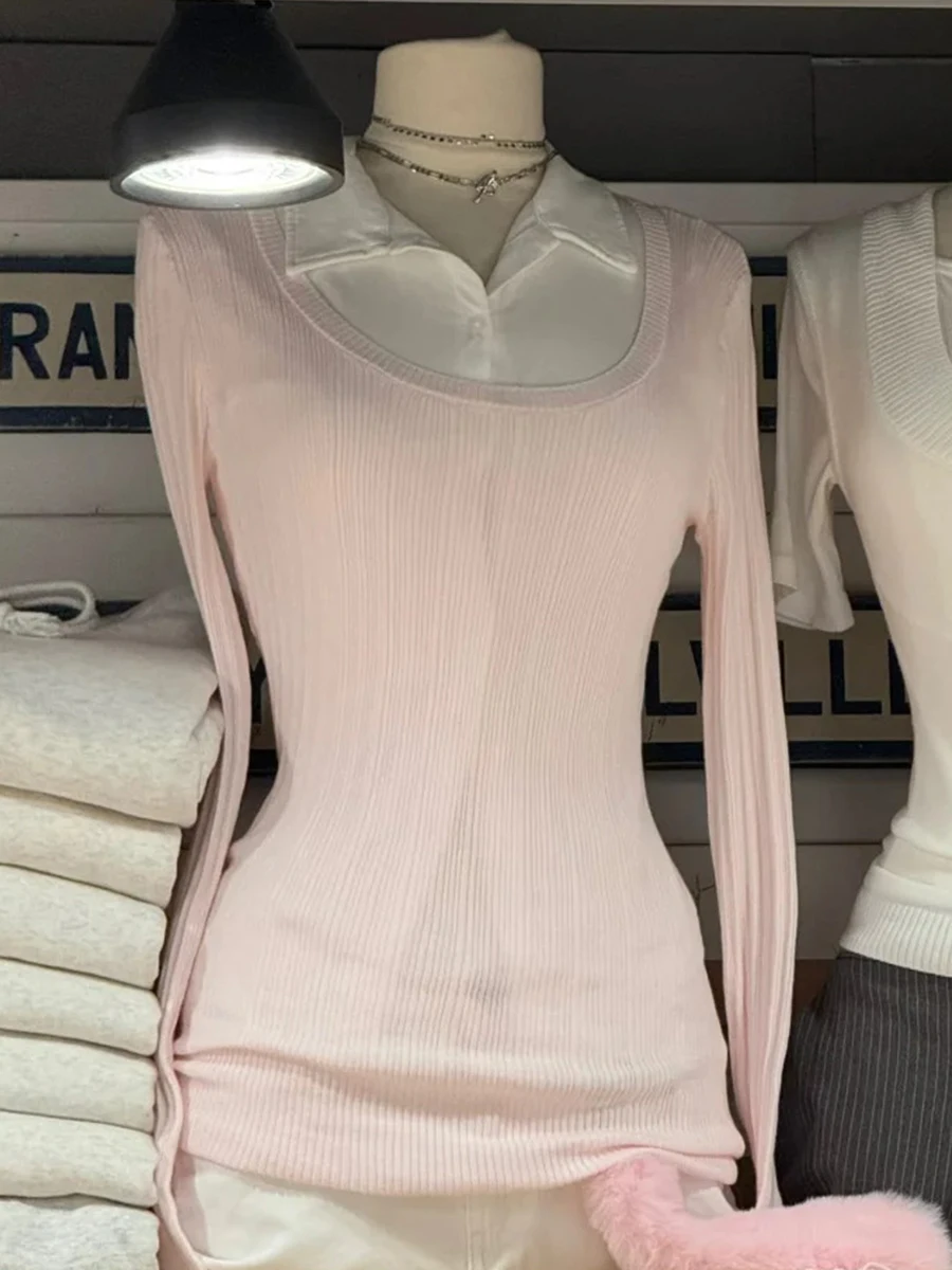 

Pink Knit Slim Long Sleeve Tees Women Autumn New Fashion U-neck Cotton Soft T-shirt Cute Preppy Style Casual T Shirt Y2K Top