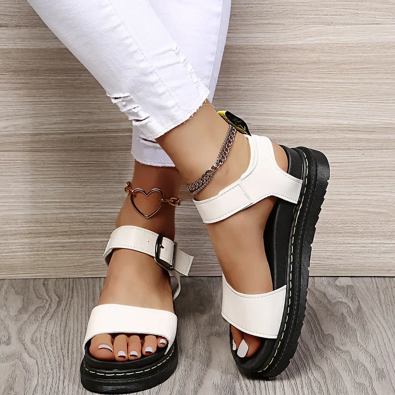 Ankle Strap Women Female Lady PU Sandals Sandals Thick-soled Soft Buckle Korean Solid Color Summer Beach Sandalias Mujer Size43