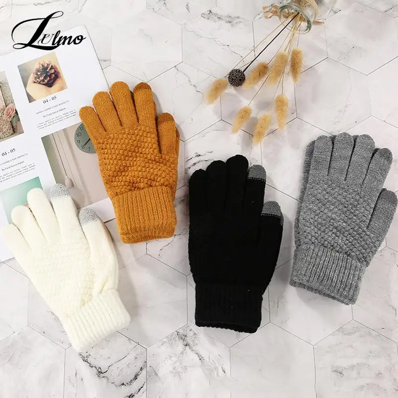 

1pair Women Men Warm Winter Touch Screen Gloves Stretch Knit Mittens Wool Full Finger Guantes Female Crochet Glove