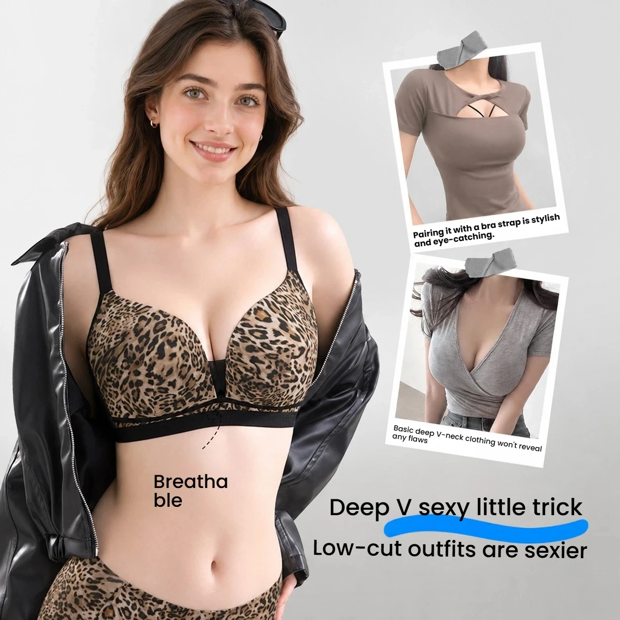 Sexy Leopard Print Push Up Bra Women Plus Size Seamless Lift Support Full Coverage Side Smoothing Hide Armpit Fat Wire Free
