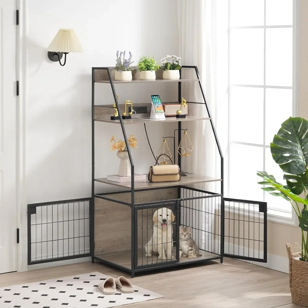 

Dog kennel furniture with charging station, wooden kennel with adjustable storage shelves,indoor kennel with chewable metal mesh