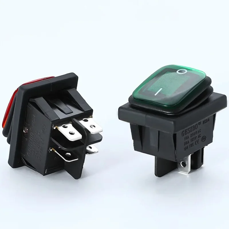 5PCS KCD4 12V 220V Waterproof And Oil Proof Latching Switch Four Feet ON OFF Red Green With Lights 4PIN Rocker Power Switch LED