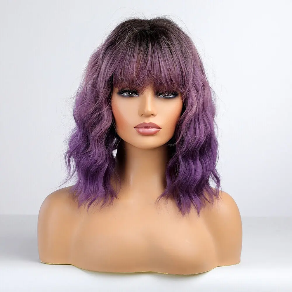 

Bob Hair Wigs with Bangs for Women Synthetic Black Roots Purple Ombre Short Wigs