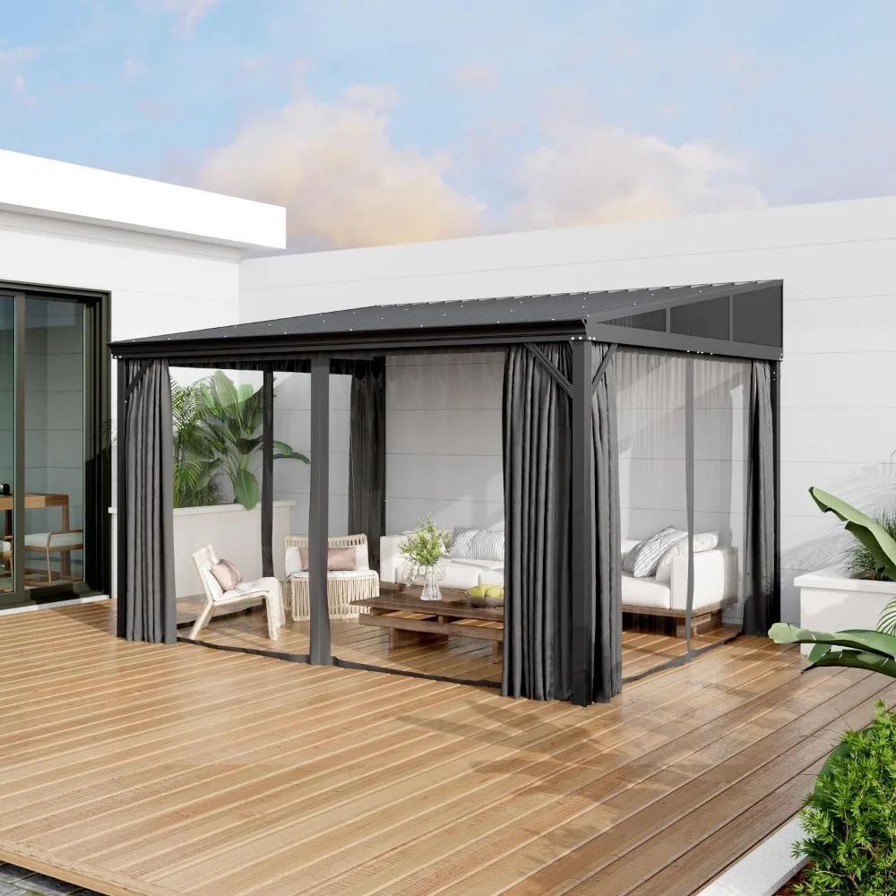 

10x12 FT Wall Mounted Gazebo with Curtains & Netting, Hardtop Lean to Gazebo with Galvanized Iron Roof & Aluminum Frame