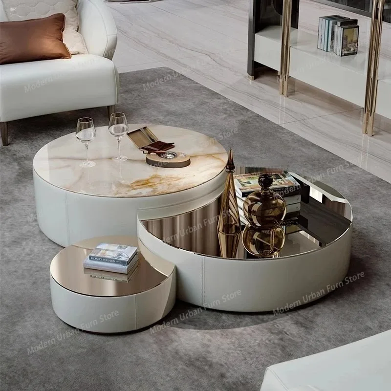 Modern Round Nesting Marble Coffee Table Set Of 3 For Living Room Italy  Design Ikat Coffee Tables Set with Stainless Steel Top