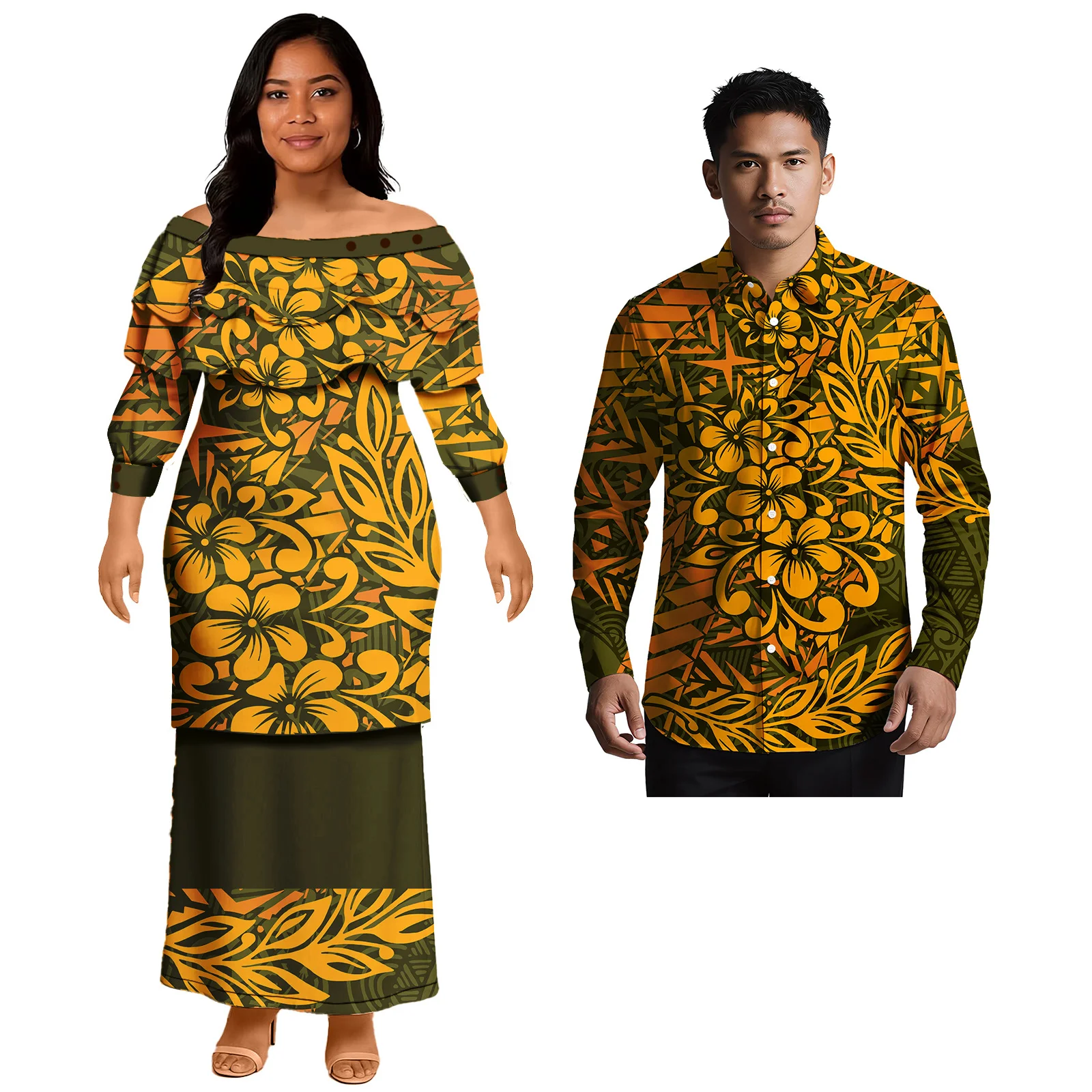 Vêtements d'église personnalisés, ensemble 2 pièces pour couple, design décontracté Aloha pour la plage, costume de couple, robe longue pour femme, chemise pour homme, style samoan polynésien