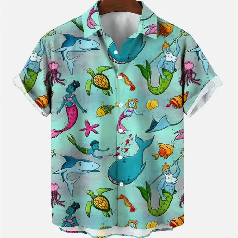 Гавайская Мужская Винтажная летняя рубашка с коротким рукавом и принтом Русалка модная повседневная мужская одежда для отпуска с цветочным принтом