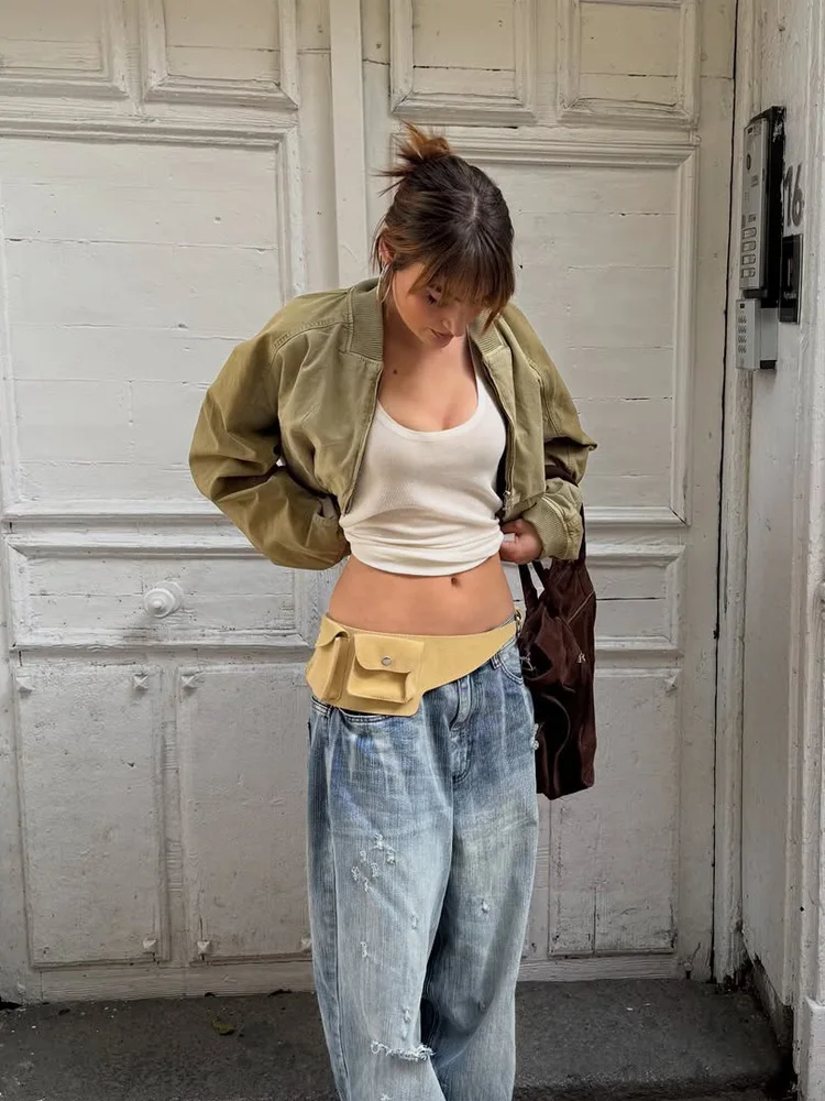 Women Cropped Bomber Jacket Stand Collar Zipper Short Baseball Coat American High Street Oversized Flight Jacket