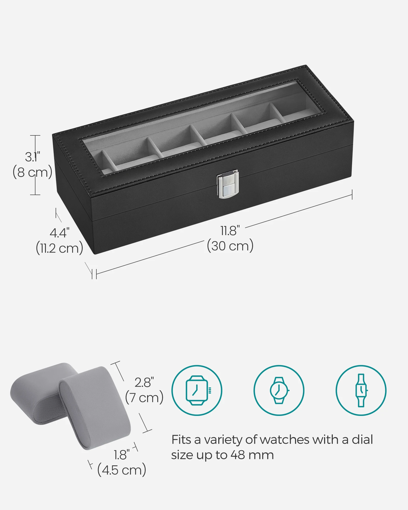 SONGMICS Watch Box with 6 Slots, Watch Case with Glass Lid, Watch Display Box with Removable Watch Pillows, Metal Clasp